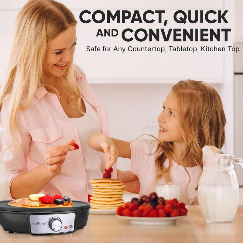 NutriChef Electric Crepe Maker Pan & Griddle, 12 Inch Nonstick Cooktop, LED Indicators & Adjustable Temperature Control, Includes Spatula, Batter Spreader, Cooks Crepes, Roti & Pancakes - Image 3